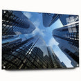 Acrylic glass print of large abstract skyscraper design in cool gray tones, suitable for bedroom or dining room wall art.