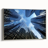 Vintage poster art of a black skyscraper design on a large framed canvas, suitable for living room decor.