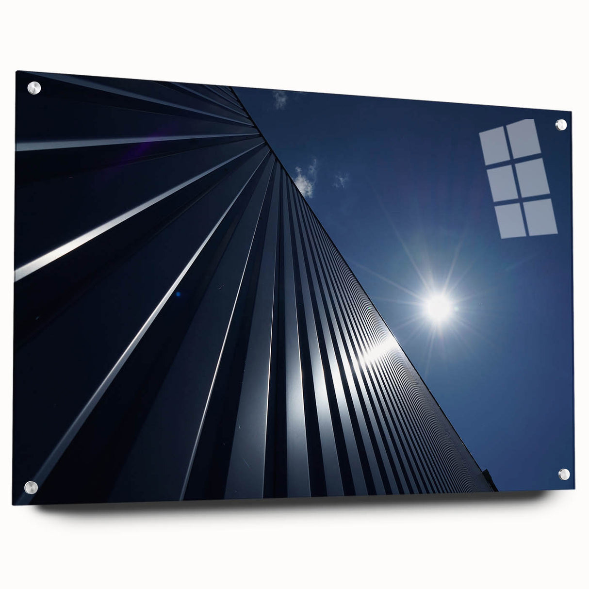 Acrylic print of a large abstract skyscraper design in grayscale, ideal for modern bedroom or dining room decor.