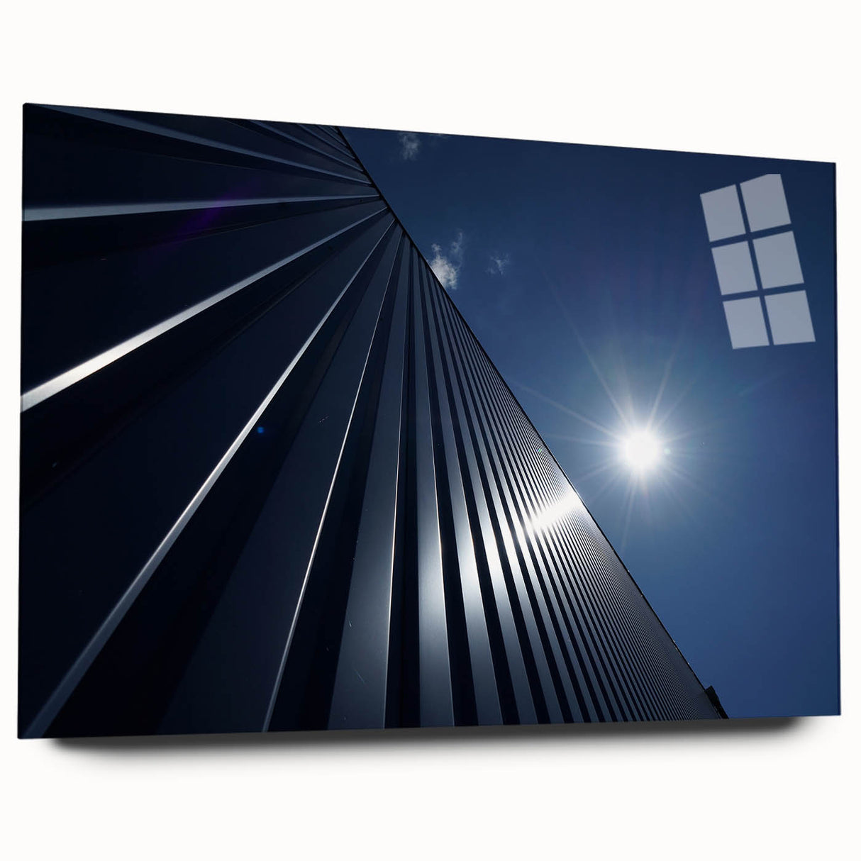 Large abstract acrylic print of a skyscraper design in grayscale, ideal for modern bedroom or dining room decor.