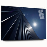 Large abstract acrylic print of a skyscraper design in grayscale, ideal for modern bedroom or dining room decor.