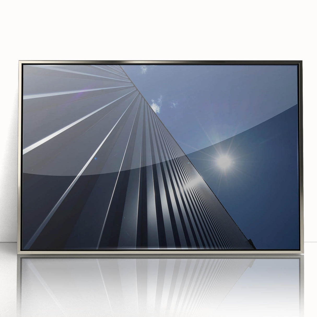 Art Deco skyscraper design in silver and gray tones on a framed acrylic, suitable for modern art wall decor.