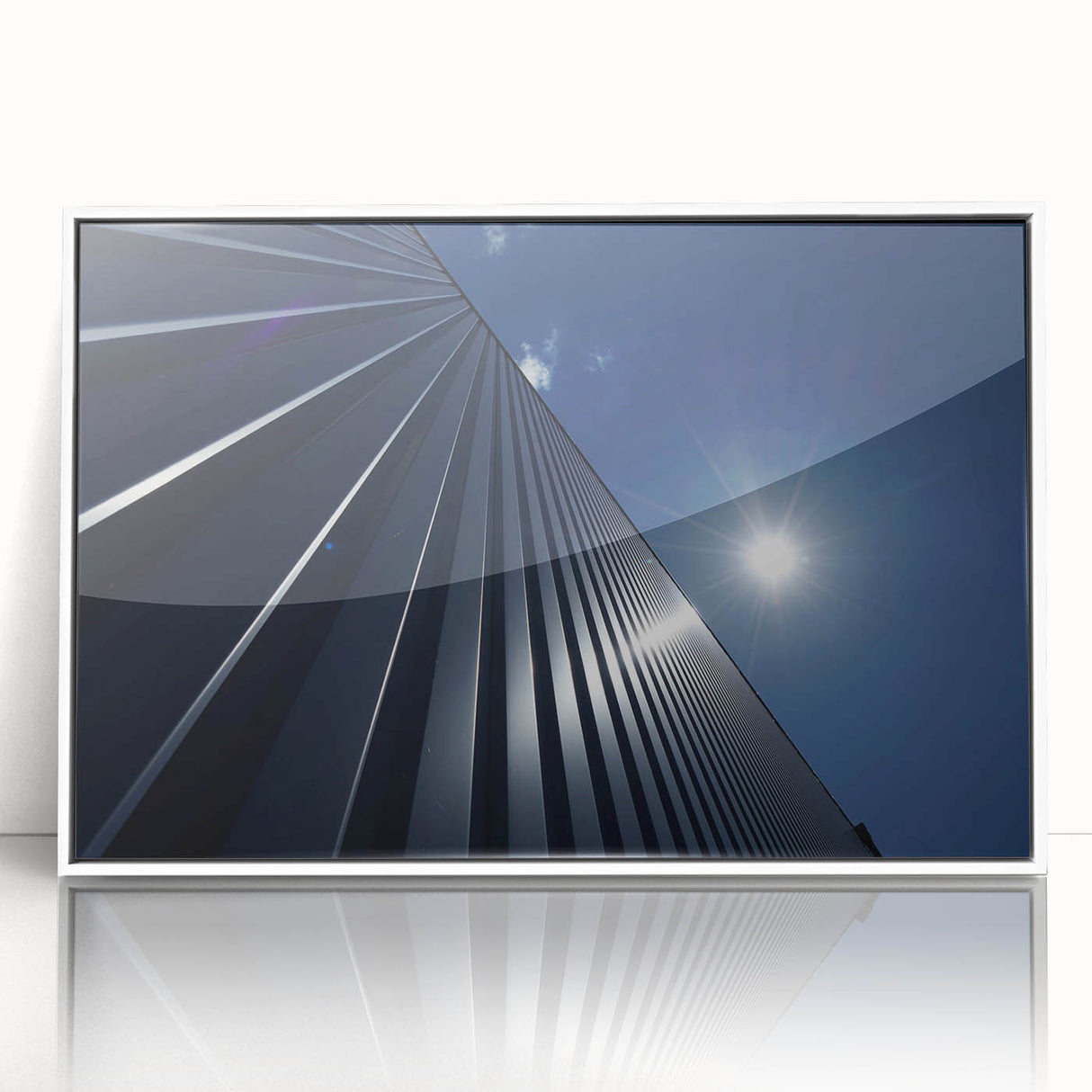 Large art print of a mid-century modernist skyscraper design in white acrylic frame, suitable for modern art wall decor.
