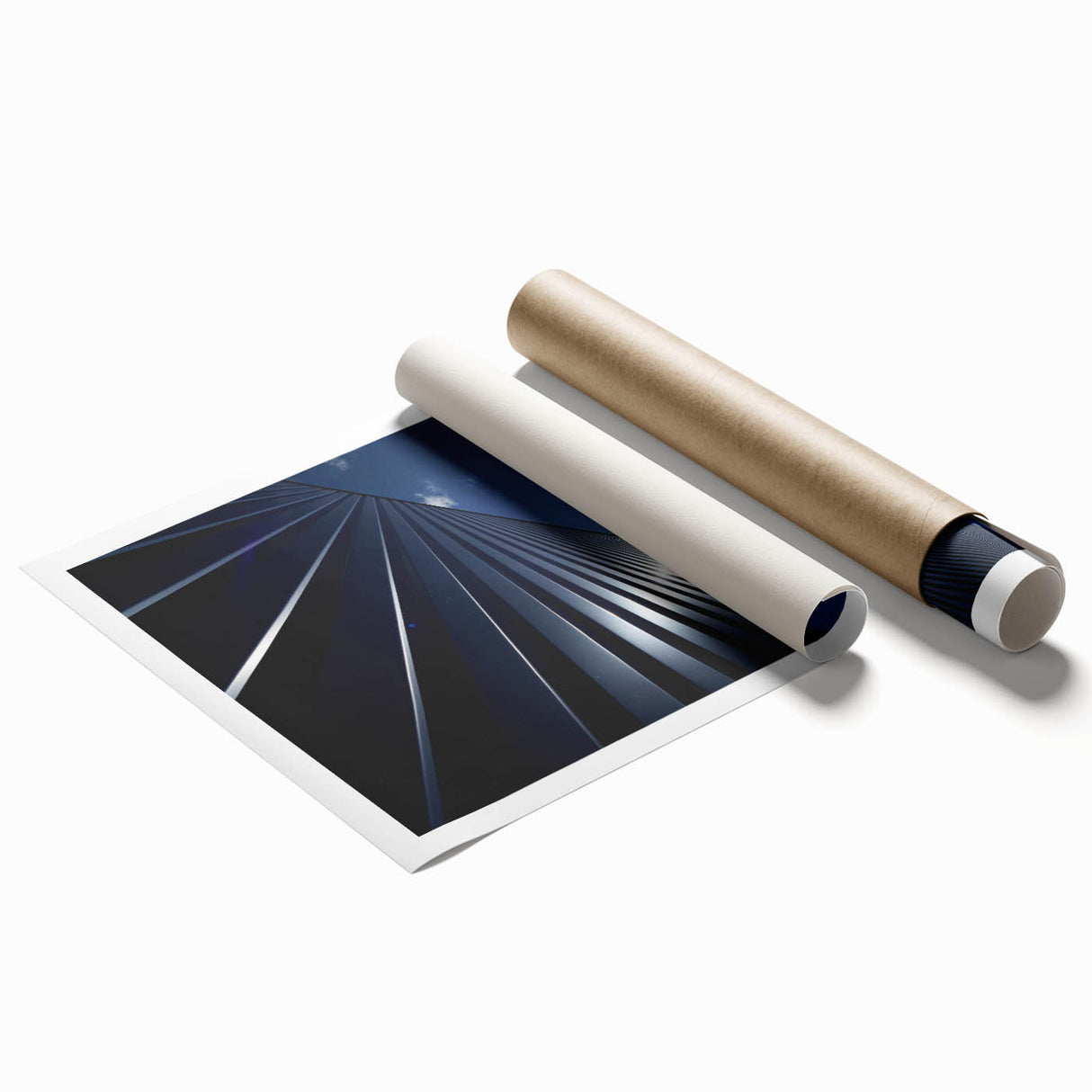 Extra large rolled print of a skyscraper design in muted gray tones, ideal for classy bathroom wall art.