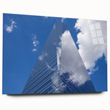 Large abstract wall art of a skyscraper design in muted grays on acrylic, ideal for modern bedroom or dining room decor.