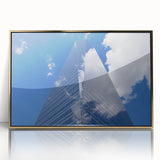 Mid-century modernist art depicting a skyscraper, in gold and black tones, acrylic print, ideal for modern art wall decor.
