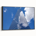 Black and white framed canvas featuring a vintage skyscraper design, suitable for bedroom wall decor.