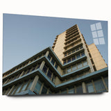 Large abstract acrylic print of skyscrapers in muted gray tones, suitable for bedroom or dining room decor.