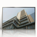 Art Deco-style skyscraper design in silver and gray tones on a framed acrylic, ideal for modern art wall decor.
