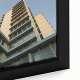 Extra large black wall art featuring a close-up of a skyscraper, textured design on framed canvas, ideal for living room.