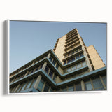 Framed canvas of a black and white vintage skyscraper design, ideal for bedroom wall art.