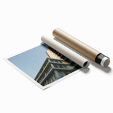 Extra large rolled print of a minimalist skyscraper design in monochrome, ideal for classy bathroom wall art.