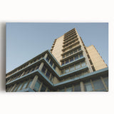 Black and white photo of skyscrapers on stretched canvas, suitable as large kitchen art.