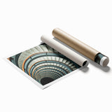 Art Deco poster featuring a geometric staircase design in black and white, rolled print format.