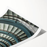 Art deco poster featuring a spiral staircase in monochrome, printed on rolled canvas, suitable for dining room walls.