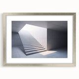 Textured art print of an abstract staircase in muted gray, framed in silver, ideal for modern bedroom ambiance.