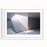 Abstract art print of a spiraling staircase in monochrome, framed with a white mat.