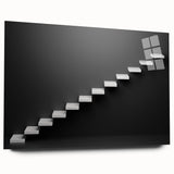 Side view of a large abstract staircase design in muted gray and blue tones on acrylic glass.