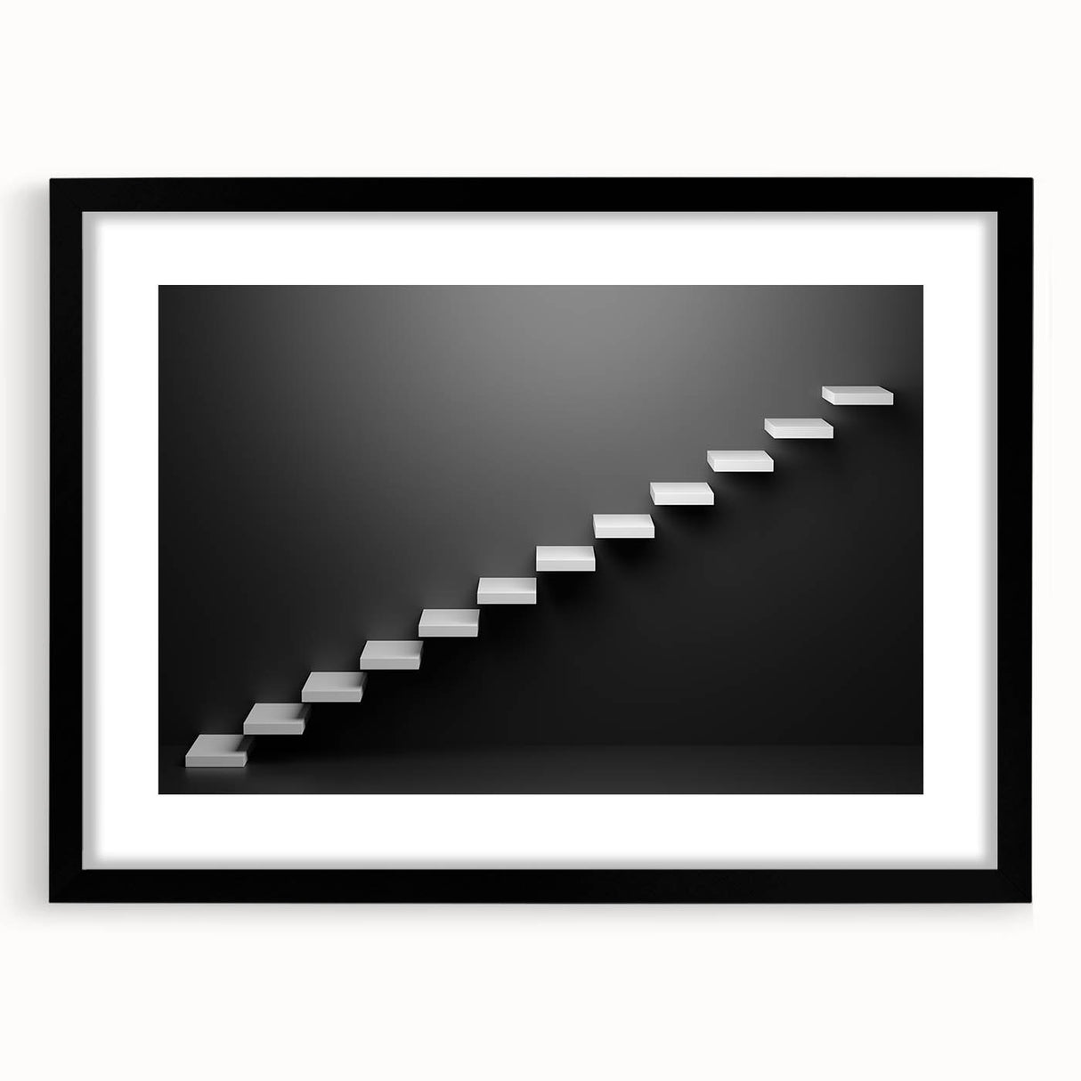 Extra large abstract art print of a colorful, textured staircase design on a black framed mat, ideal for living room decor.