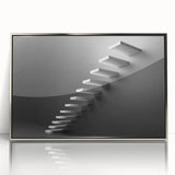 Mid-century modernist art featuring a spiral staircase in muted gray tones on a framed acrylic print.