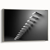 Framed canvas featuring a vintage poster art style depiction of a spiral staircase in muted black and gray tones.