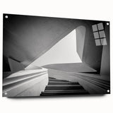 Acrylic print of a large abstract staircase design in muted gray tones, suitable for bedroom or dining room decor.