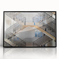 Large abstract wall art featuring a spiral staircase in black and white, acrylic print in a black frame.