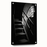 Large abstract wall art of a spiral staircase in monochrome shades, acrylic print, suitable for bedroom or dining room decor.