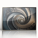 Mid-century modernist art of a spiral staircase in silver and gray tones, acrylic print framed.