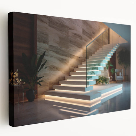 Spiral staircase design in monochrome on a large stretched canvas, suitable for kitchen wall art.