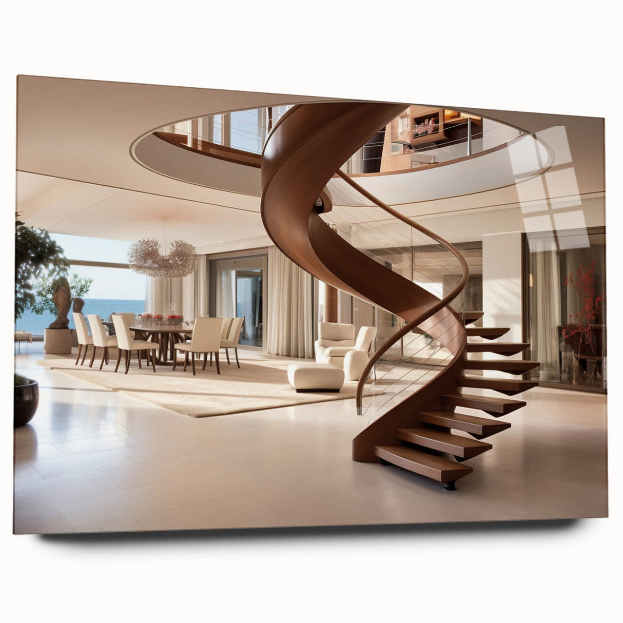 Large abstract wall art of a spiral staircase in monochrome, acrylic print, suitable for bedroom or dining room decor.