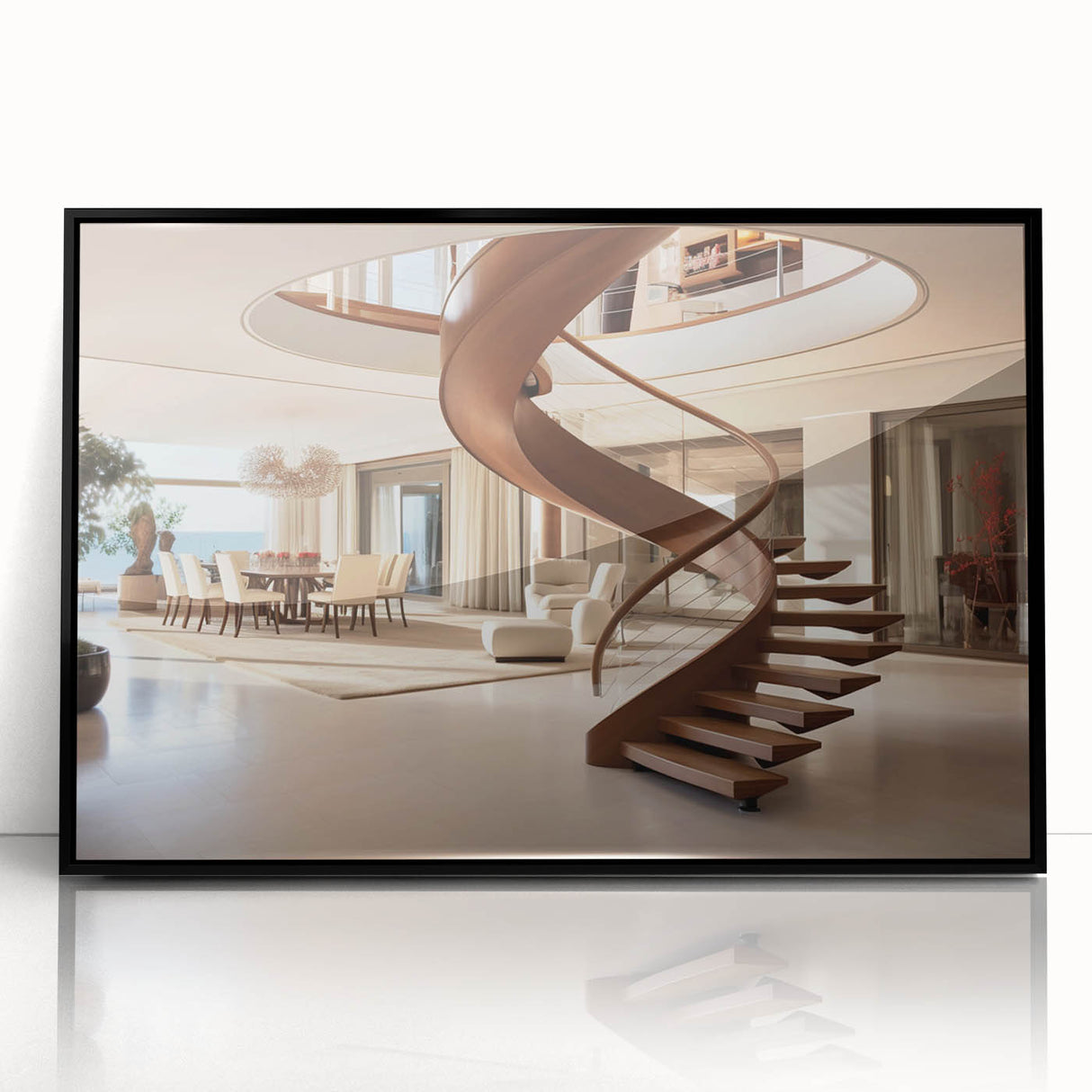 Large abstract wall art of a spiral staircase in black and white, acrylic print, ideal for modern art wall decor.