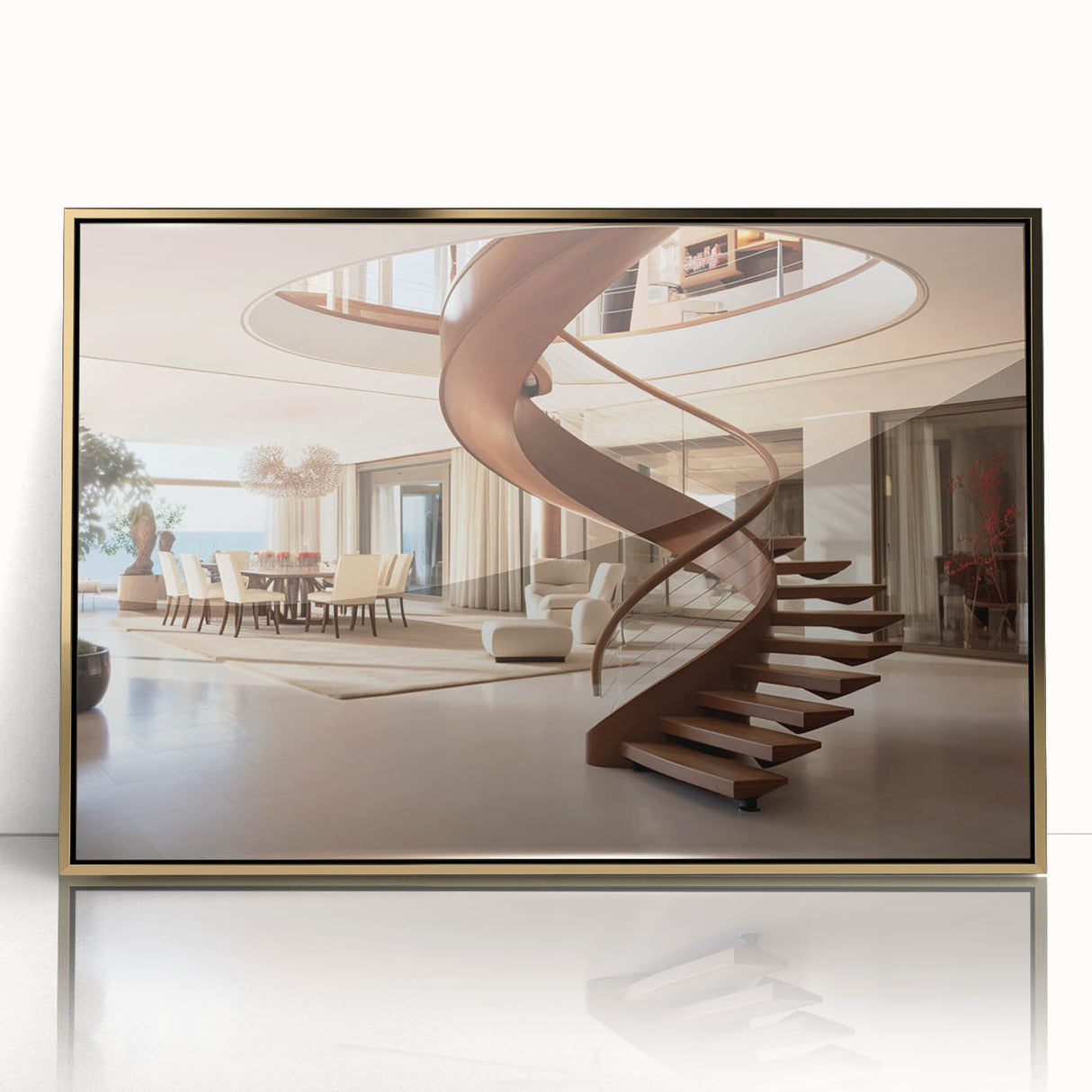 Mid-century modernist spiral staircase in muted gold tones, acrylic print, ideal for modern art wall decor.