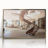 Mid-century modernist spiral staircase in muted gold tones, acrylic print, ideal for modern art wall decor.