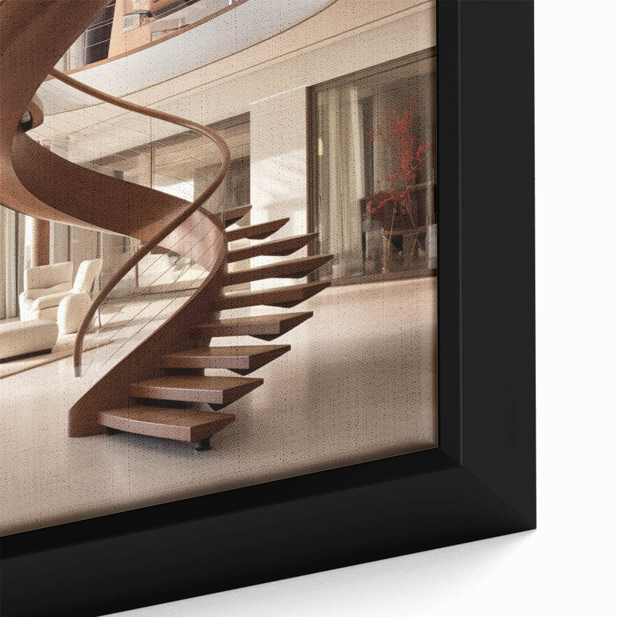 Extra large framed canvas featuring a close-up of a black staircase with colorful, textured art, ideal for living room decor.