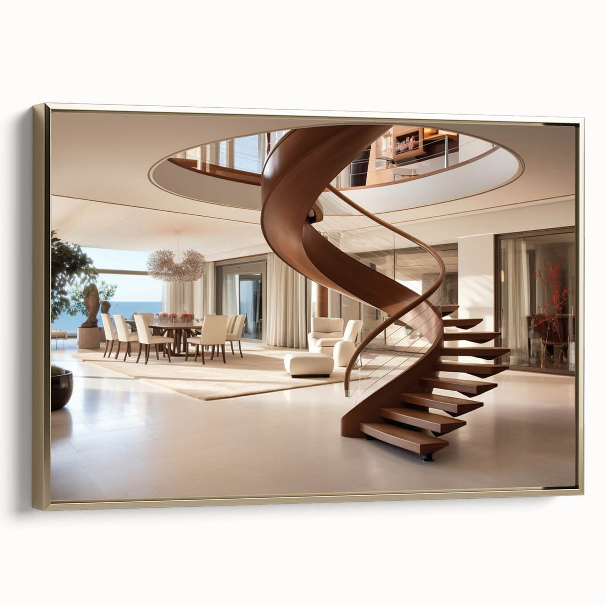 Framed canvas featuring a vintage poster of a black staircase in a landscape, ideal for bedroom wall decor.