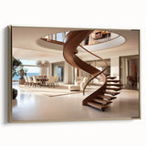 Framed canvas featuring a vintage poster of a black staircase in a landscape, ideal for bedroom wall decor.