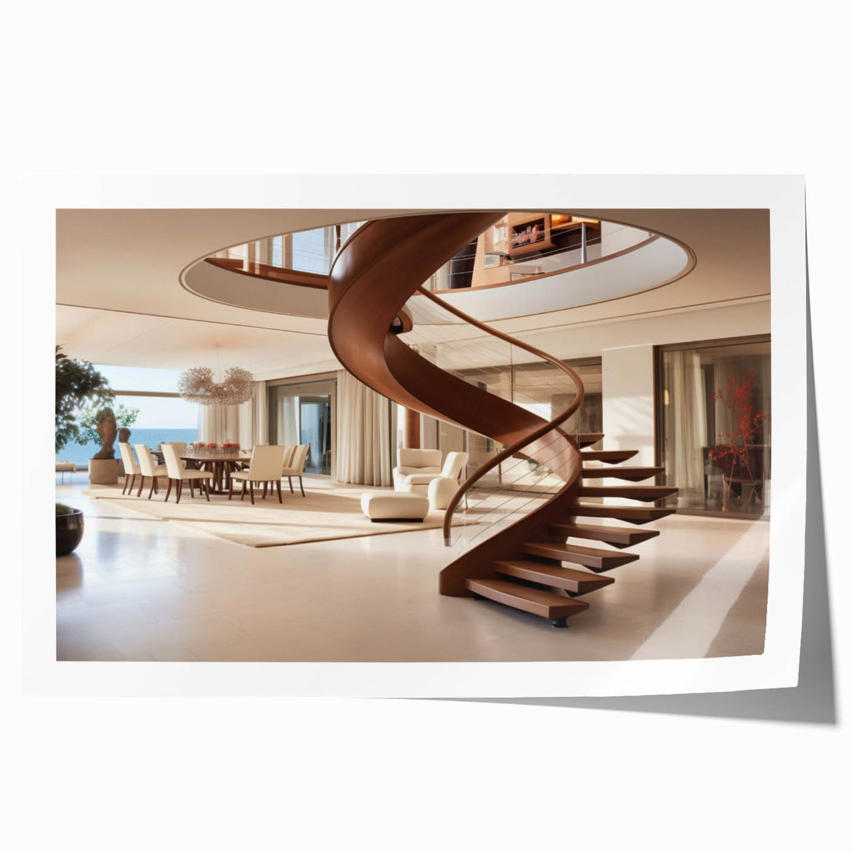 Spiral staircase design in monochrome tones on a large rolled canvas, suitable for art wall dining room.