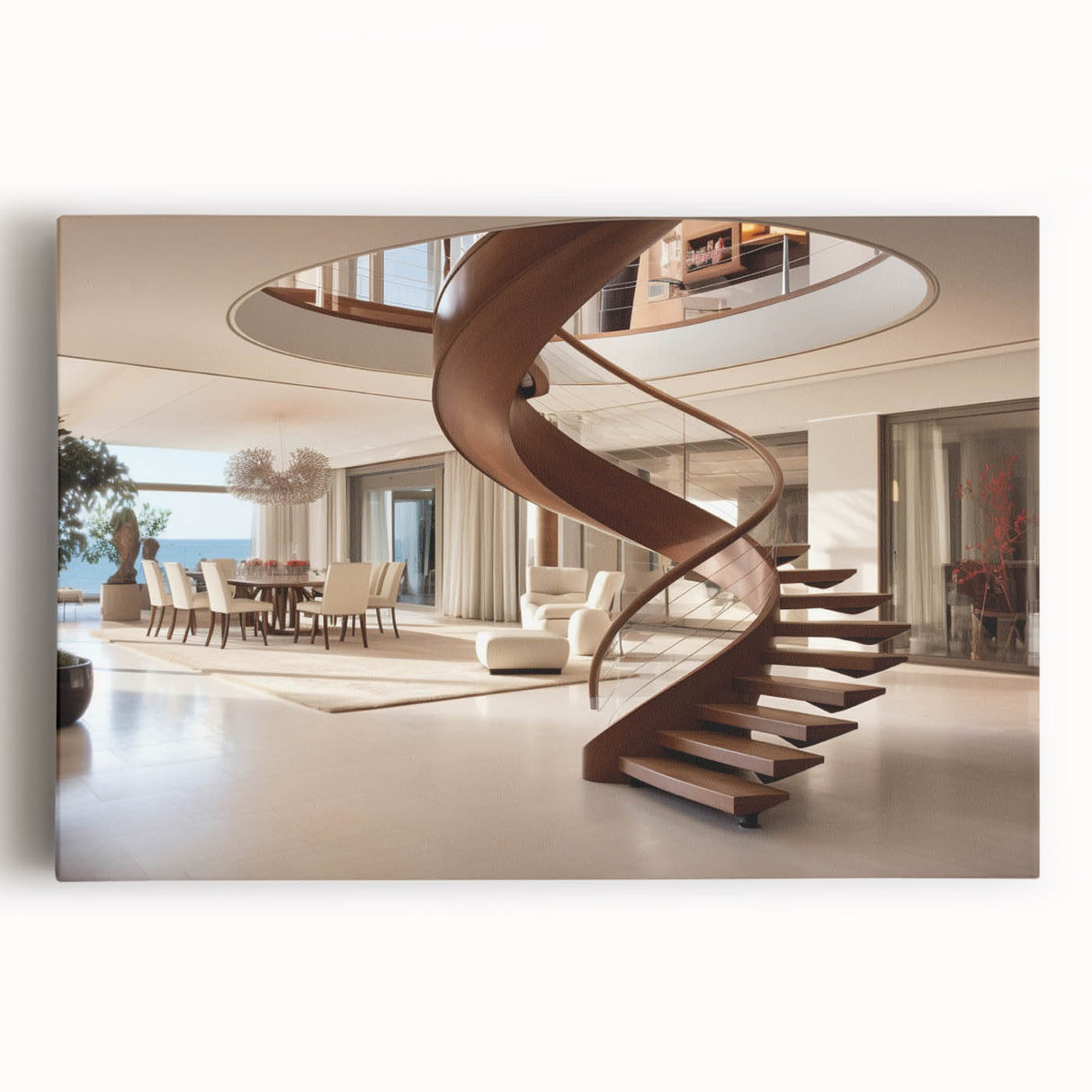 Monochrome photograph of a spiral staircase on stretched canvas, suitable for kitchen wall art.
