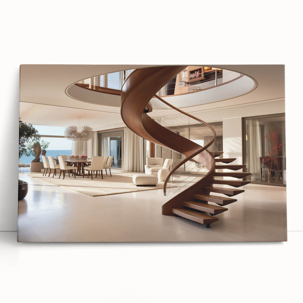 Black and white photograph of a spiral staircase on stretched canvas, suitable as large art for kitchen or bedroom.