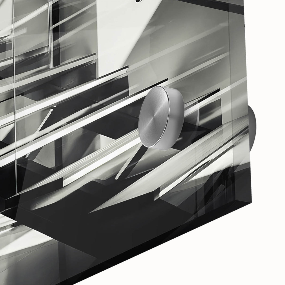 Mid-century modernist large abstract wall art on acrylic glass featuring a spiral staircase in monochrome.
