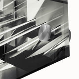 Mid-century modernist large abstract wall art on acrylic glass featuring a spiral staircase in monochrome.