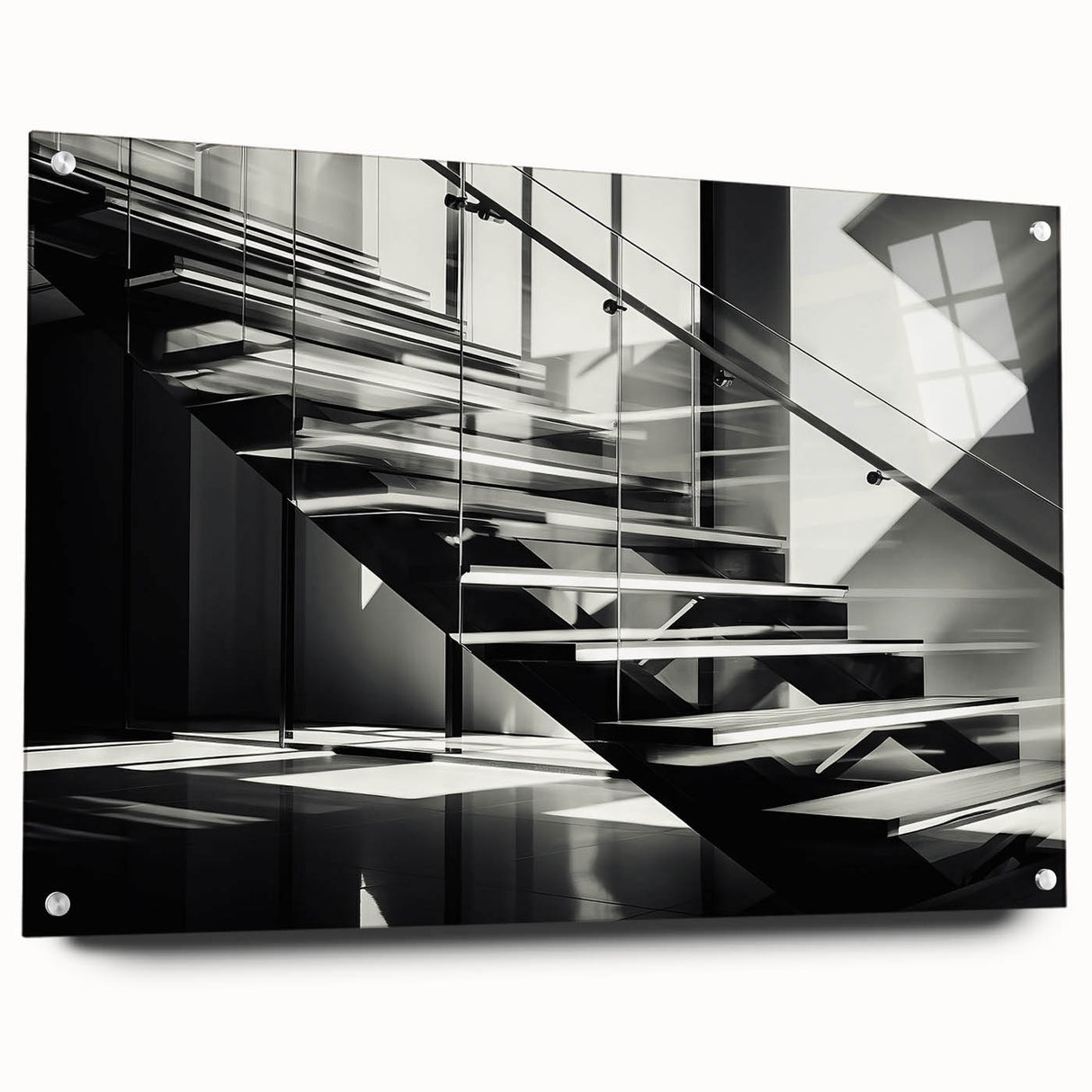 Acrylic print of a large abstract staircase design in black and white, ideal for modern bedroom or dining room decor.