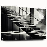 Acrylic print of a large abstract staircase design in black and white, ideal for modern bedroom or dining room decor.