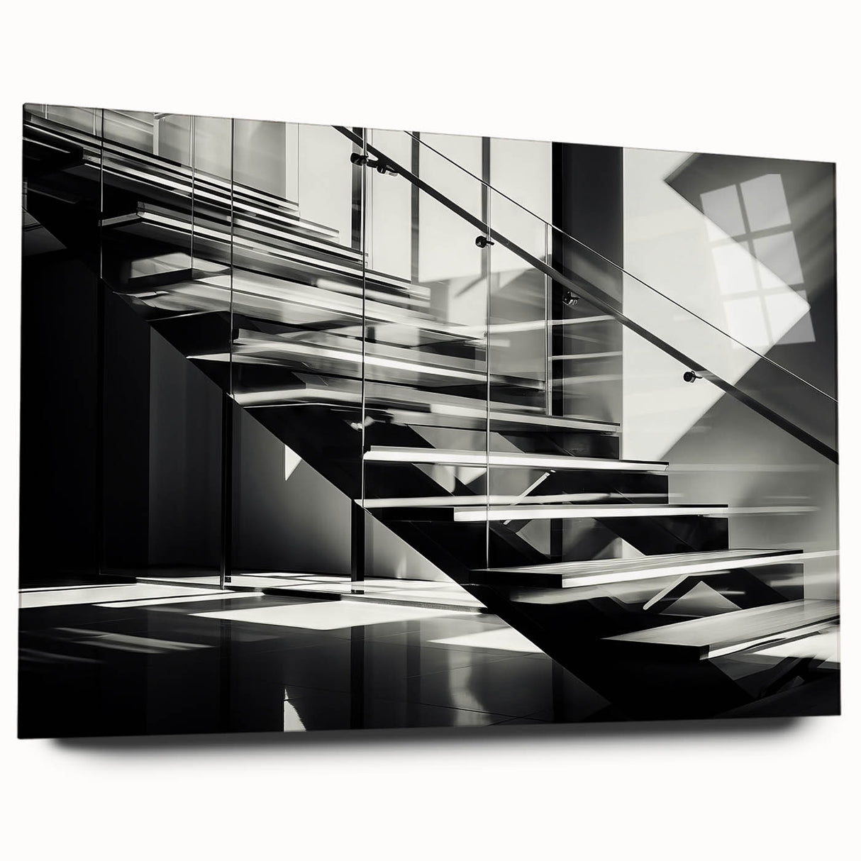Large abstract wall art of a spiral staircase in monochrome, acrylic print, suitable for bedroom or dining room decor.