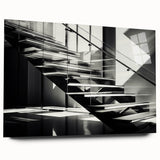 Large abstract wall art of a spiral staircase in monochrome, acrylic print, suitable for bedroom or dining room decor.