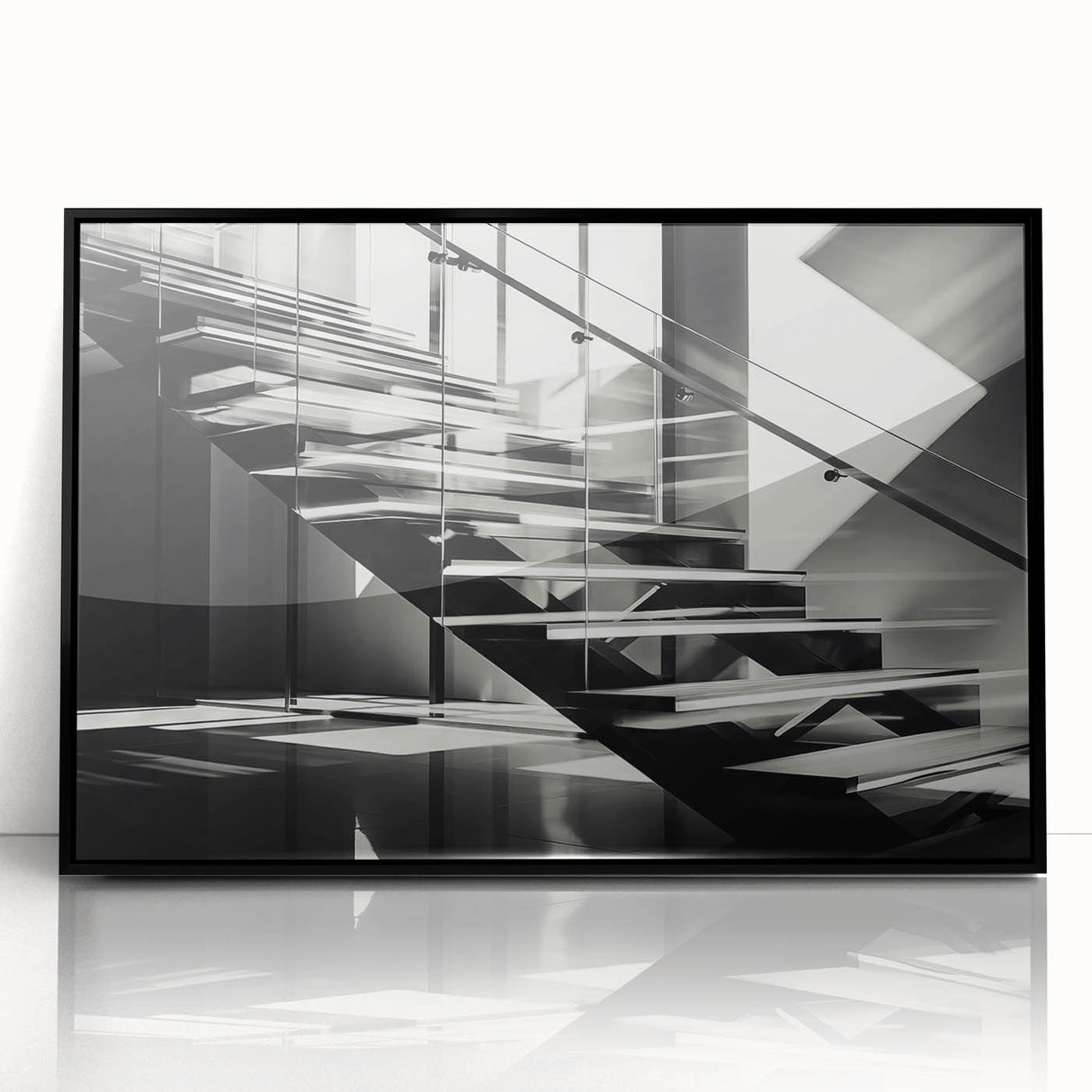 Large abstract wall art featuring a spiral staircase in black and white, framed in acrylic, ideal for modern art wall decor.