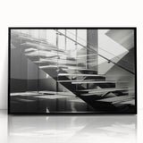 Large abstract wall art featuring a spiral staircase in black and white, framed in acrylic, ideal for modern art wall decor.