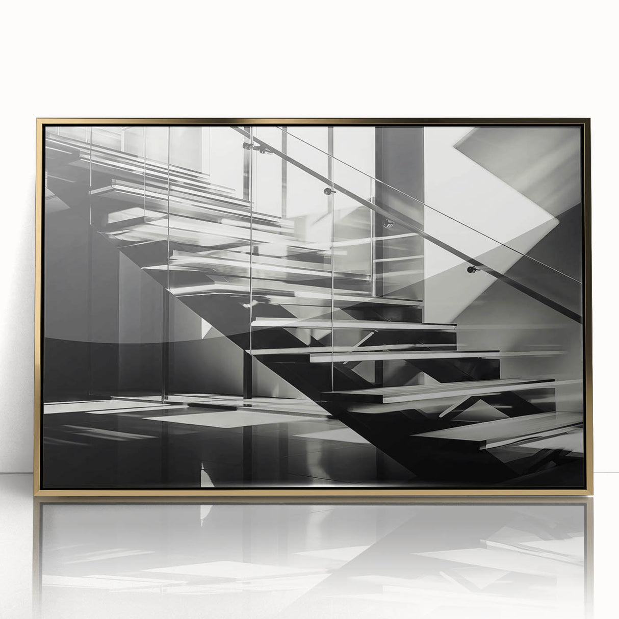 Mid-century modernist staircase in gold and black acrylic print, ideal for modern art wall decor.