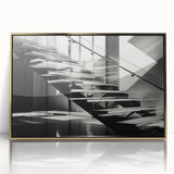 Mid-century modernist staircase in gold and black acrylic print, ideal for modern art wall decor.